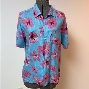 Blue and Pink Hawaiian Button Down Shirt with Pink Floral Hibiscus Design